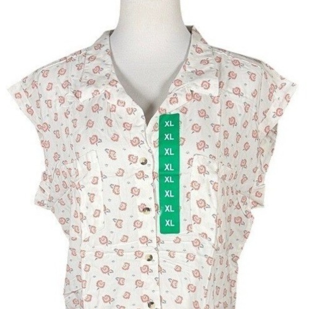 Jachs Girlfriend Womens XL Floral Button Down Shirt White Red Rayon Cap Sleeve
